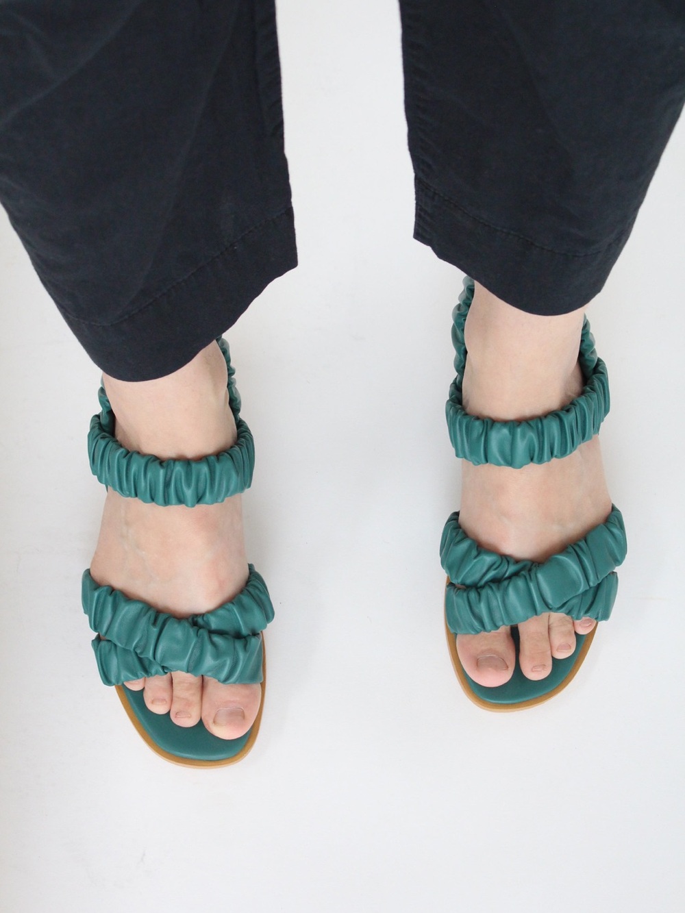 Beklina Gathered Sandal Cypress Green Low Wood Heel 9.5
